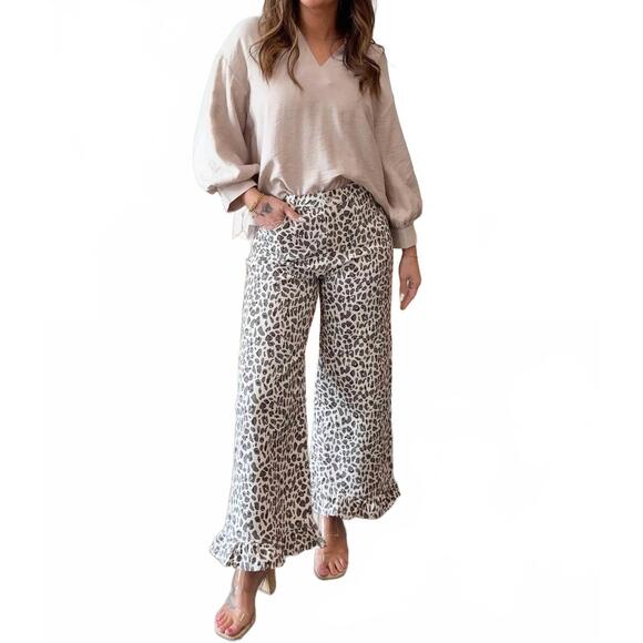 ENTRO Pants - NEW ENTRO clara leopard wide leg pants in ecru